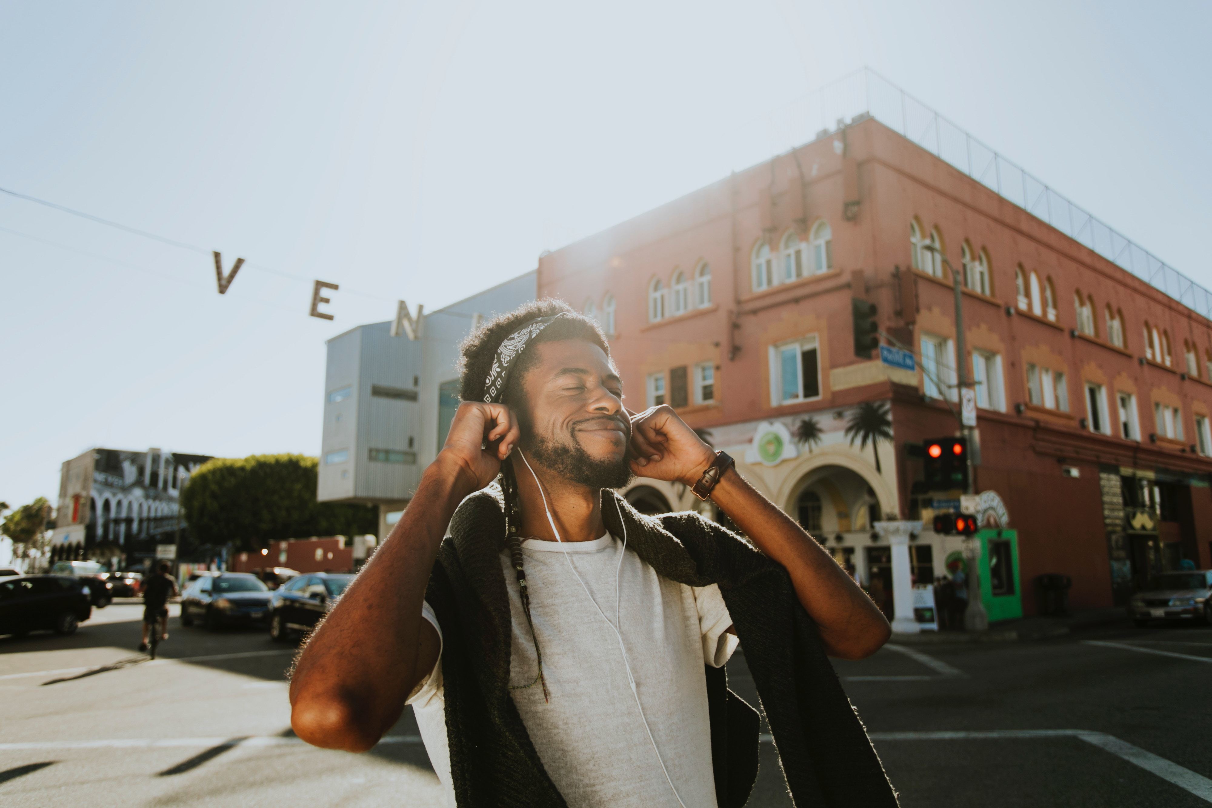 Man listening to music happy